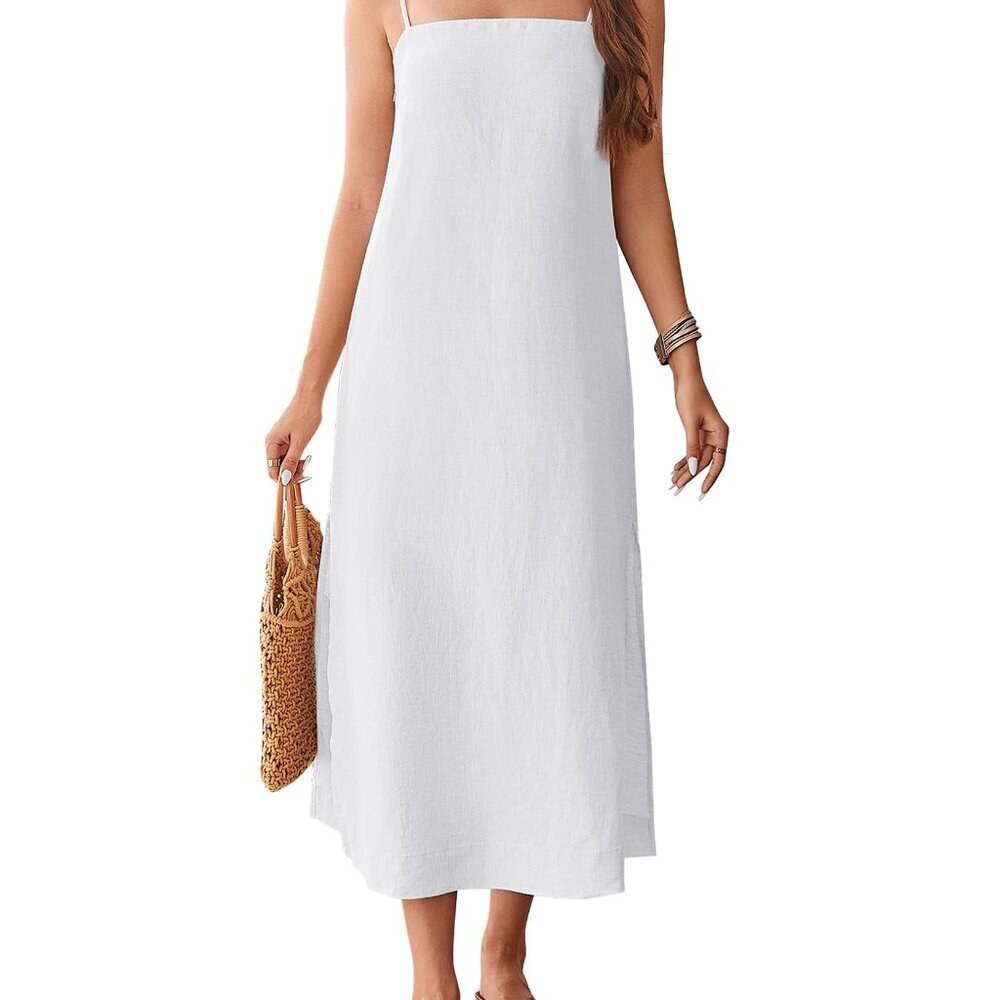Linen Square Neck Midi Dress Sleeveless Chic Summer Casual Adjustable Straps